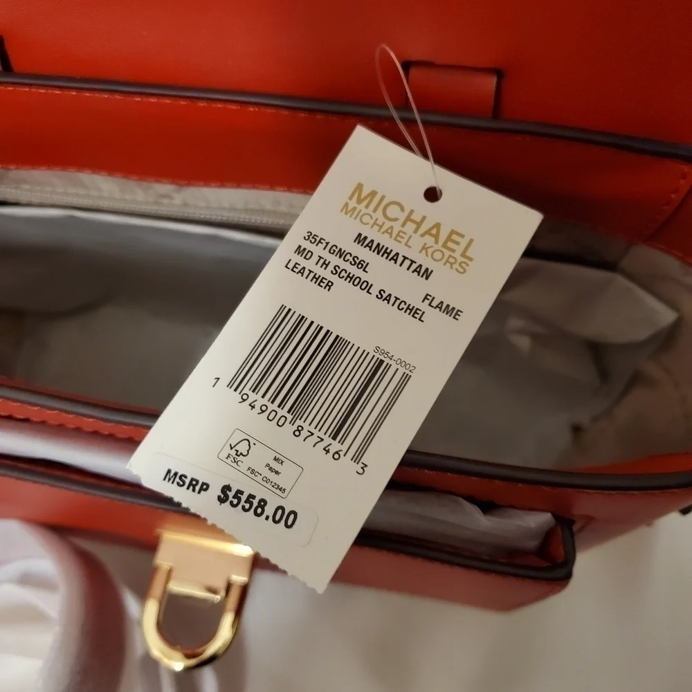 NWT Michael Kors Medium Manhattan Flame Red Leather Satchel/Crossbody